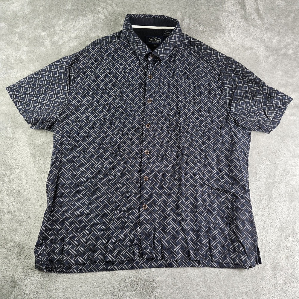 Nat Nast Shirt XL Navy Blue Geometric Silk Blend Luxury Original Vacation